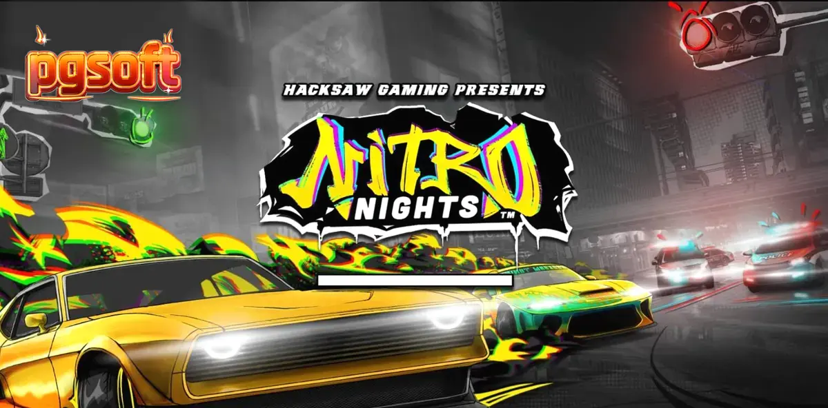 Tampilan permainan slot Nitro Nights dengan mobil balap neon dan kota futuristik