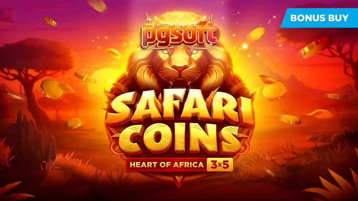 Pemandangan sabana Afrika yang indah dengan simbol koin emas dan singa dalam permainan slot Safari Coins.